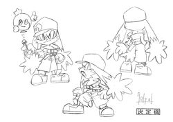  angry anthro bandai_namco belt bottomwear clothing collar concept_art domestic_cat duo felid feline felis floating_hands footwear gloves handwear hat headgear headwear hi_res huepow japanese_text klonoa klonoa_(series) long_ears male mammal model_sheet monochrome official_art pants ring shoes simple_background smile spirit text yoshihiko_arai 