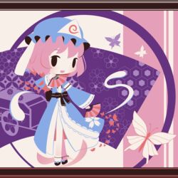  black_bow black_footwear blue_bow blue_kimono blush bow bug butterfly chibi cobalta crossed_legs female folding_fan goshoguruma hand_fan hat hitodama japanese_clothes kimono mob_cap obi pink_hair ribbon-trimmed_sleeves ribbon_trim saigyouji_yuyuko saigyouji_yuyuko&#039;s_fan_design sash shippou_(pattern) short_hair touhou triangular_headpiece watson_cross wide_sleeves 