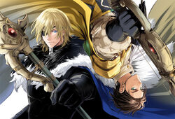  2boys areadbhar_(fire_emblem) beige_jacket black_gloves blonde_hair blue_cape blue_eyes bow_(weapon) brown_hair cape claude_von_riegan commentary_request dimitri_alexandre_blaiddyd earrings eyepatch failnaught_(fire_emblem) fire_emblem fire_emblem:_three_houses fur-trimmed_cape fur_trim gloves green_eyes holding holding_bow_(weapon) holding_polearm holding_weapon jacket jewelry left-handed looking_at_viewer male_focus multiple_boys polearm saku_(soreca49) short_hair smile spear upside-down weapon yellow_cape 