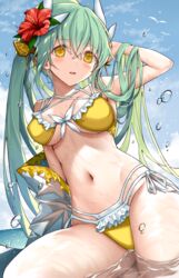  :d aqua_hair arm_up armpits bikini blue_sky blush breasts chinese_clothes cleavage commentary_request day fate/grand_order fate_(series) female flower frilled_bikini frills front-tie_bikini_top front-tie_top green_hair hair_between_eyes hair_flower hair_ornament hand_in_own_hair hibiscus highres horns kiyohime_(fate) kiyohime_(swimsuit_lancer)_(fate) kiyohime_(swimsuit_lancer)_(first_ascension)_(fate) layered_bikini long_hair looking_at_viewer medium_breasts morizono_shiki navel open_mouth outdoors red_flower ribbon shallow_water side-tie_bikini_bottom sitting sky smile solo stomach swimsuit thighs very_long_hair water water_drop wet white_ribbon yellow_bikini yellow_eyes 