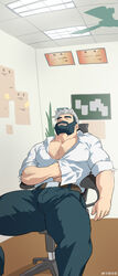  1boy absurdres arm_hair bara beard bulge chest_hair collared_shirt drooling erection erection_under_clothes facial_hair feet_out_of_frame hairy hidden_hero_(o2h) highres incredibly_absurdres indoors large_pectorals male_focus mature_male moustache mouth_drool muscular muscular_male navel_hair o2h_(oblivionh) original partially_unbuttoned pectoral_cleavage pectorals salaryman scratching_stomach shirt sideburns sleepy solo spread_legs thick_eyebrows thick_mustache thick_thighs thighs 