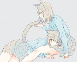  2girls animal_ears blue_eyes blue_shirt blush cat_ears cat_girl cat_tail collared_shirt commentary_request grey_hair grey_skirt hair_between_eyes holding_another&#039;s_tail inutose long_sleeves lying lying_on_lap medium_hair multiple_girls on_side open_mouth original school_uniform shirt simple_background sitting skirt tail tail_raised yuri 