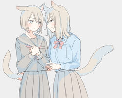  2girls animal_ears blue_eyes blue_shirt blush bow cat_ears cat_girl cat_tail collared_shirt commentary_request grey_hair grey_shirt grey_skirt inutose long_sleeves looking_at_another medium_hair multiple_girls original own_hands_together school_uniform serafuku shirt short_hair skirt smirk standing tail tail_grab yuri 