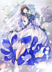  anklet bouquet brown_hair crying dress earrings eu_(euspia) female floral_background flower high_heels jewelry jung_hayan_(regressor&#039;s_instruction_manual) regressor&#039;s_instruction_manual solo veil wedding_dress 