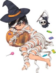  bandages black_eyes black_hair braid candy female food full_body ghost halloween halloween_costume jack-o&#039;-lantern jiji_(aardvark) kantai_collection mole mole_under_eye mummy mummy_costume naked_bandage official_art scirocco_(kancolle) short_hair tan transparent_background two_side_up 