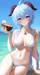  absurdres ahoge arm_support artist_name bangs beach bikini blue_hair blurry blurry_background blush breasts coconut commentary drink drinking_straw female ganyu_(genshin_impact) genshin_impact goat_horns hair_between_eyes halterneck hand_up highres holding holding_drink horns jewelry kohanayuki large_breasts long_hair looking_at_viewer multicolored_eyes navel necklace ocean parted_lips purple_eyes sidelocks sitting solo stomach sweat swimsuit thigh_gap thighs very_long_hair white_bikini yellow_eyes 