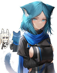  1boy 2girls absurdres anger_vein angry animal_ears arknights blue_eyes blue_hair breasts cat_ears cat_girl cat_tail collaboration dog-san highres horse_ears horse_girl monique_(arknights) multiple_girls platinum_(arknights) roy_(arknights) scarf sideboob tab_head tail white_background 