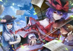  2girls absurdres bass_clef beamed_eighth_notes black_headwear blue_hair bow bow_(music) breasts capelet chair chromatic_aberration cloud cloudy_sky commentary_request flat_sign food frilled_capelet frills fruit grand_piano hagoromo hair_between_eyes half_note half_rest hat hat_bow hat_ribbon heart highres hinanawi_tenshi holding holding_instrument holding_violin instrument kyusoukyu leaf long_hair long_sleeves looking_at_viewer multiple_girls music musical_note nagae_iku neck_ribbon open_mouth parted_lips peach piano playing_instrument playing_piano puffy_short_sleeves puffy_sleeves purple_hair quarter_note quarter_rest red_bow red_eyes red_ribbon ribbon shawl sheet_music shirt short_hair short_sleeves sidelocks sitting sky small_breasts smile staff_(music) touhou treble_clef upper_body violin white_shirt whole_rest 