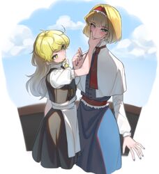  2girls absurdres ahoge alice_margatroid apron black_skirt black_vest blonde_hair blue_dress blue_eyes blue_nails blue_sky blush bob_cut capelet cloud cloudy_sky commentary_request cropped_legs dress frogsnake green_nails hairband hand_on_another&#039;s_cheek hand_on_another&#039;s_face height_difference highres kirisame_marisa long_hair looking_at_another looking_away multiple_girls necktie puffy_short_sleeves puffy_sleeves red_hairband red_necktie short_hair short_sleeves skirt sky smile touhou vest waist_apron waistcoat wavy_hair yellow_eyes yuri 