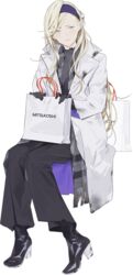  akira_(kadokawa) bag black_pants blonde_hair blue_eyes coat female full_body hair_between_eyes jacket kantai_collection long_hair mitsukoshi_(department_store) mole mole_under_eye mole_under_mouth official_art pants pout richelieu_(kancolle) scarf shopping_bag torn_clothes transparent_background white_coat white_jacket 