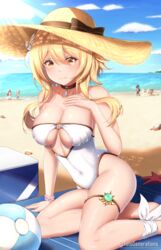  3boys 3girls absurdres adapted_costume albedo_(genshin_impact) ankle_ribbon antenna_hair arm_support ball beach beach_towel beachball blonde_hair blue_hair blue_shorts blue_sky blurry blurry_background blush bow bracelet breasts brown_bow brown_choker brown_ribbon casual_one-piece_swimsuit cherry_blossom_print choker cleavage closed_mouth clothing_cutout cloud commentary_request cooler covered_navel crab crossed_arms crustacean day depth_of_field diluc_(genshin_impact) eyepatch feet_out_of_frame floral_print flower flower_bracelet gem genshin_impact glint green_gemstone groin hair_between_eyes hair_flower hair_ornament hand_on_own_chest hands_on_own_hips hat hat_bow hat_feather hat_ribbon hermit_crab highleg highleg_swimsuit highres horizon injury jewelry kaeya_(genshin_impact) klee_(genshin_impact) large_breasts leaning_to_the_side leg_ribbon light_rays long_hair looking_at_viewer low_ponytail lumine_(genshin_impact) male_swimwear multiple_boys multiple_girls o-ring o-ring_swimsuit ocean one-piece_swimsuit outdoors paimon_(genshin_impact) pants pendant pendant_choker pink_flower ponytail red_hair red_headwear ribbon sand sand_sculpture seashell shadow shell shiny_skin short_hair_with_long_locks shorts sidelocks sitting skindentation sky smile solo_focus standing starfish strapless strapless_one-piece_swimsuit straw_hat summer sunbeam sunlight swim_trunks swimsuit taut_clothes thigh_strap thighs towel twitter_username underboob underboob_cutout vision_(genshin_impact) water white_flower white_hair white_one-piece_swimsuit white_pants white_ribbon yellow_eyes yellow_headwear yokozuwari yolo_generations 