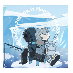  1boy 1other absurdres animal_ears arknights ashui_ashui bear_boy bear_ears birthday bucket chibi closed_eyes doctor_(arknights) english_text fish fishing fishing_rod full_body fur_collar grey_hair highres ice jacket jaye_(arknights) male_focus nose_bubble outdoors short_hair sitting sleeping water 