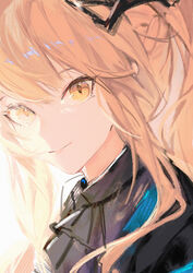  arknights ascot black_ascot blemishine_(arknights) blemishine_(moon_catastrborn)_(arknights) blonde_hair closed_mouth fanshu female highres light long_hair looking_at_viewer official_alternate_costume ponytail portrait sidelocks simple_background smile solo white_background yellow_eyes 