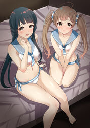  2girls absurdres ahoge bare_legs barefoot bikini blue_hair blush breasts brown_eyes brown_hair cleavage commentary hakozaki_serika highres idolmaster idolmaster_million_live! kitakami_reika long_hair looking_at_viewer low_twintails midriff multiple_girls murabito_c navel on_bed open_mouth sailor_bikini sailor_collar sailor_swimsuit_(idolmaster) seiza sitting small_breasts swimsuit symbol-only_commentary thighs twintails 