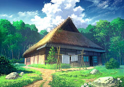  blanket blue_sky bush cloud daisy day door flower forest grass highres hut laundry naohiro nature no_humans original outdoors path realistic revision road rock rural scenery sky summer tree 