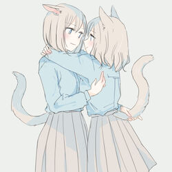  2girls animal_ears arms_around_neck blue_eyes blue_shirt blush cat_ears cat_girl cat_tail commentary_request facing_another grey_hair holding_another&#039;s_tail inutose long_sleeves looking_at_another medium_hair multiple_girls original school_uniform shirt simple_background smile standing tail tail_grab yuri 