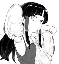  adjusting_hair armpits detached_sleeves female frogsnake greyscale hair_tubes hakurei_reimu long_hair looking_at_viewer monochrome mouth_hold parted_bangs ribbon ribbon-trimmed_sleeves ribbon_trim shirt sidelocks simple_background sleeveless sleeveless_shirt solo touhou upper_body white_background wide_sleeves 