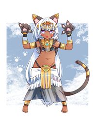  +_+ :3 :d animal_ear_fluff animal_ears animal_hands babalilo bad_id bad_twitter_id bare_shoulders barefoot bikini black_bikini black_gloves blush cat_ears cat_girl cat_tail commentary_request dark-skinned_female dark_skin female full_body gloves grey_skirt hands_up headpiece highres inactive_account long_hair looking_at_viewer navel oerba_yun_fang original paw_gloves purple_eyes skirt smile solo standing swimsuit tail very_long_hair white_hair 