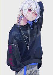  absurdres arm_behind_head black_nails blue_hair cross cross_necklace ear_piercing earrings female grey_pants hand_in_pocket highres jewelry looking_at_viewer multicolored_hair necklace original pants piercing red_eyes ring ritao_kamo short_hair simple_background solo upper_body white_background white_hair 