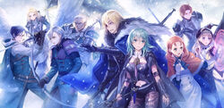  4girls 5boys ahoge alternate_hair_color annette_fantine_dominic armor armored_dress arrow_(projectile) ashe_ubert axe black_gloves black_pantyhose blizzard blonde_hair blue_bow blue_bowtie blue_eyes blue_hair bow bow_(weapon) bowtie bracer breastplate breasts byleth_(female)_(fire_emblem) byleth_(fire_emblem) cape capelet clothing_cutout commentary_request cowboy_shot dagger dedue_molinaro detached_collar dimitri_alexandre_blaiddyd dress earrings enlightened_byleth_(female) eyepatch felix_hugo_fraldarius fire_emblem fire_emblem:_three_houses flag freckles fur-trimmed_gloves fur_trim gauntlets gloves green_eyes green_hair habit hair_between_eyes hair_ribbon highres holding holding_sword holding_weapon horseback_riding ingrid_brandl_galatea jewelry knife lace_pantyhose large_breasts long_hair looking_to_the_side magic medium_breasts medium_hair mercedes_von_martritz midriff miniskirt multiple_boys multiple_girls navel navel_cutout nun open_mouth orange_hair own_hands_together pants pantyhose parted_bangs parted_lips pegasus_knight_uniform_(fire_emblem) polearm profile purple_eyes red_eyes red_hair ribbon riding short_hair sidelocks skirt snow standing sword sword_of_the_creator sylvain_jose_gautier twitter_username vambraces weapon white_dress white_gloves white_hair yamigo 