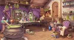  artist_name barrel bookshelf bottle bucket cabinet candle candlestand cauldron chair character_request cup desk door flower garutaisa herb indie_virtual_youtuber indoors ladder loaded_interior mushroom no_humans pestle potion scenery scroll skull stairs watermark wax wooden_floor 