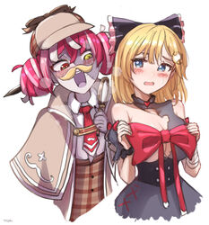  2girls alternate_breast_size bangs black_bow black_dress blonde_hair blue_eyes blush bow breasts capelet collared_shirt cosplay costume_switch deerstalker double_bun dress embarrassed eyebrows_behind_hair fake_facial_hair fake_mustache flat_chest grey_hair hair_ornament hairbow hands_on_own_breasts hat heterochromia highres holding_magnifying_glass hololive hololive_english hololive_indonesia huge_bow kureiji_ollie kureiji_ollie_(cosplay) large_breasts looking_down monocle_hair_ornament multicolored_hair multiple_girls open_mouth pink_hair red_bow red_eyes red_hair shirt shirt_tucked_in tfqr torn_clothes torn_dress virtual_youtuber watson_amelia watson_amelia_(cosplay) white_shirt yellow_eyes 