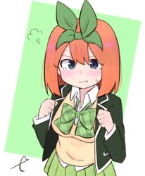  :t black_jacket blazer blue_eyes blush bow closed_mouth collared_shirt commentary_request eyebrows_hidden_by_hair female go-toubun_no_hanayome green_background green_bow green_ribbons green_skirt hair_between_eyes hair_ribbon jacket kujou_karasuma long_sleeves looking_at_viewer nakano_yotsuba open_clothes open_jacket orange_hair pleated_skirt pout ribbon shirt signature skirt solo sweater_vest tears two-tone_background wavy_mouth white_background white_shirt 