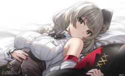  absurdres azur_lane belt black_bow black_headwear black_skirt bow braid breast_pocket breasts collared_shirt detached_sleeves drill_hair drill_sidelocks female grey_hair hand_on_own_stomach hat highres jeze large_breasts long_hair looking_at_viewer luetzow_(azur_lane) lying mini_hat nail_polish necktie on_bed pocket shirt sidelocks skirt stuffed_toy white_shirt 