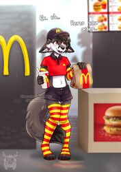  anthro beverage black_hair blush bottomwear burger canid canine canis claws clothed clothing crop_top digital_media_(artwork) domestic_dog ear_piercing english_text femboy fleurfurr food footwear fully_clothed hair hat headgear headwear hi_res hindpaw inside knock-kneed legwear long_socks male mammal mcdonald&#039;s multicolored_clothing multicolored_footwear multicolored_legwear multicolored_socks multicolored_thigh_highs multicolored_thigh_socks pattern_clothing pattern_footwear pattern_legwear pattern_socks pattern_thigh_highs pattern_thigh_socks paws piercing red_clothing red_footwear red_legwear red_socks red_thigh_highs red_thigh_socks shaded shirt shorts socks soda soda_cup solo striped_clothing striped_footwear striped_legwear striped_socks striped_thigh_highs striped_thigh_socks stripes text text_on_clothing text_on_hat text_on_headwear text_on_shirt text_on_topwear thigh_highs thigh_socks toe_claws toeless_footwear toeless_socks topwear two_tone_clothing two_tone_footwear two_tone_legwear two_tone_socks two_tone_thigh_highs two_tone_thigh_socks yellow_clothing yellow_footwear yellow_legwear yellow_socks yellow_thigh_highs yellow_thigh_socks 