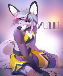  2021 5:6 anthro breasts canid canine digital_media_(artwork) eyebrows eyelashes female fox fur grey_hair hair kyander mammal purple_body purple_fur red_eyes smile solo 