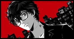  1boy amamiya_ren border building chris_re5 city commentary_request dutch_angle glasses greyscale jacket male_focus monochrome persona persona_5 portrait red_background signature solo spot_color turtleneck twitter_username 