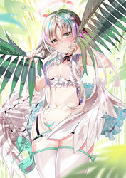  angel_wings bangs bikini black_choker breasts choker cowboy_shot feathered_wings female frilled_bikini frills groin highres holding leaf long_hair looking_at_viewer medium_breasts moe2021 navel original parted_bangs sho_(runatic_moon) silver_hair skindentation solo standing stomach swimsuit thighhighs thighs white_bikini white_legwear wings yellow_eyes 