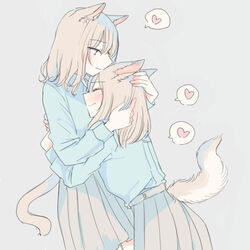  2girls animal_ears arms_around_back blue_shirt blush cat_ears cat_girl cat_tail closed_eyes collared_shirt commentary_request cowboy_shot grey_eyes grey_hair grey_skirt heart hug inutose leaning_forward leaning_on_person long_sleeves looking_at_another looking_down medium_hair multiple_girls original school_uniform shirt simple_background skirt spoken_heart standing tail yuri 