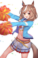  :d absurdres animal_ears blue_jacket brown_hair cheerleader commentary_request cosplay female hair_ornament hairclip highres horse_ears horse_girl horse_tail jacket long_hair long_sleeves looking_at_viewer matikane_tannhauser_(umamusume) midriff multicolored_hair navel nice_nature_(run&amp;win)_(umamusume) nice_nature_(umamusume) nice_nature_(umamusume)_(cosplay) open_mouth pizza_(pizzania_company) pom_pom_(cheerleading) short_hair simple_background smile solo standing stomach streaked_hair tail thighs umamusume white_background white_hair yellow_eyes 