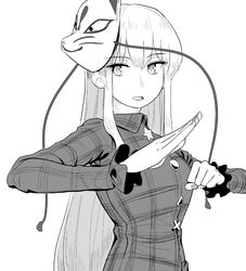  clenched_hand collared_dress dress female fox_mask frogsnake greyscale hands_up hata_no_kokoro long_hair long_sleeves looking_at_viewer mask mask_on_head monochrome parted_lips plaid plaid_dress sidelocks simple_background solo touhou upper_body white_background wing_collar 