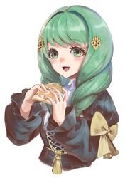  :d artist_name black_dress blush commentary_request cropped_torso dress female fire_emblem fire_emblem:_three_houses flayn_(fire_emblem) food green_eyes green_hair hair_intakes hair_ornament highres holding holding_food juliet_sleeves long_hair long_sleeves miran_(olivine_20) open_mouth puffy_sleeves simple_background smile solo twitter_username upper_body white_background 