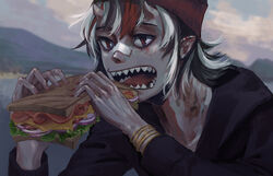  alternate_costume armband bandaid bandaid_on_face bandaid_on_nose beanie blurry blurry_background bread casual cheese eating erty113 female food hair_between_eyes ham hat highres holding holding_food horns kijin_seija lettuce long_sleeves multicolored_hair onion open_mouth outdoors red_eyes red_hair red_nails sandwich sharp_teeth short_hair skin-covered_horns small_horns solo teeth touhou white_hair 