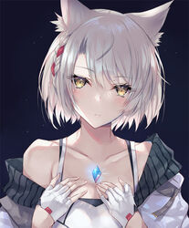  animal_ears camisole cat_ears cat_girl chest_jewel female fingerless_gloves gem gloves inoue_takuya_(tactactak) jacket mio_(xenoblade) shoulder_strap solo tank_top upper_body white_camisole white_gloves white_jacket white_tank_top xenoblade_chronicles_(series) xenoblade_chronicles_3 yellow_eyes 