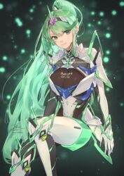  armor black_gloves bodysuit breasts chest_jewel cleavage drop_earrings earrings elbow_gloves fadingz female gloves green_eyes green_hair highres invisible_chair jewelry large_breasts leg_armor leotard leotard_under_clothes long_hair looking_at_viewer md5_mismatch pixiv_id pneuma_(xenoblade) ponytail see-through see-through_leotard shoulder_armor signature simple_background sitting smile solo star_(symbol) star_earrings swept_bangs tiara two-tone_gloves very_long_hair white_bodysuit white_gloves wrist_guards xenoblade_chronicles_(series) xenoblade_chronicles_2 