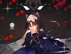  animal_ears arknights arm_guards beads black_hair black_kimono brown_background dark dog_ears dog_girl facial_mark female forehead_mark forehead_tattoo gradient_background hand_on_own_face japanese_clothes kimono leaf long_hair long_sleeves looking_at_viewer maple_leaf open_mouth orange_eyes parted_bangs saga_(arknights) solo soukou_makura upper_body v-shaped_eyebrows very_long_hair weapon wide_sleeves 