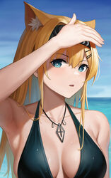  absurdres animal_ear_fluff animal_ears arknights armpits bikini black_bikini black_hairband blonde_hair blue_eyes blue_sky breasts cloud collarbone female gaai hairband highres horn_(arknights) jewelry large_breasts long_hair looking_at_viewer necklace ocean open_mouth sky solo swimsuit upper_body wolf_ears wolf_girl 