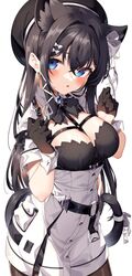  :o absurdres animal_ears beret black_gloves black_hair black_hat blue_eyes blush bow breasts cat_ears cat_girl cat_tail cleavage crossed_bangs female gloves hair_between_eyes hairbow hat highres jun_(aousa0328) long_hair looking_at_viewer medium_breasts original simple_background solo tail white_background white_bow 