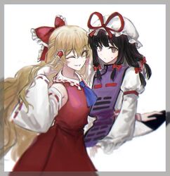  2girls :/ alternate_costume alternate_hairstyle arm_up ascot black_hair blonde_hair blue_ascot blush bow breasts brown_eyes cosplay costume_switch detached_sleeves flat_chest frilled_shirt_collar frills gap_(touhou) grin hair_ribbon hairbow hakurei_reimu hakurei_reimu_(cosplay) hat large_breasts long_hair long_sleeves looking_at_viewer medium_hair mob_cap multiple_girls nontraditional_miko one_eye_closed red_bow red_ribbon ribbon simple_background smile standing sweatdrop tabard touhou tress_ribbon upper_body very_long_hair white_background wide_sleeves yakumo_yukari yakumo_yukari_(cosplay) yellow_eyes yuggug 