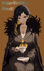  binah_(project_moon) black_cape black_dress black_eyes black_hair black_sailor_collar blonde_hair breasts cape closed_mouth colored_inner_hair cup dress female highres holding holding_cup holding_plate large_breasts library_of_ruina long_hair long_sleeves looking_at_viewer multicolored_hair plate project_moon sailor_collar simple_background sitting smile solo streaked_hair teacup y0ru73 yellow_background 