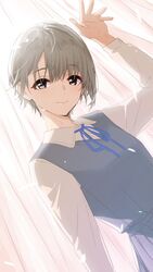  arm_up blue_ribbon dutch_angle female goshiki_suzu grey_hair highres idolmaster idolmaster_cinderella_girls indoors light_smile looking_at_viewer neck_ribbon otokura_yuuki ribbon school_uniform short_hair solo sunlight 