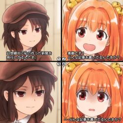  2girls :d bell brown_hair brown_headwear brown_jacket cabbie_hat closed_mouth collared_shirt commentary for_the_better_right?_(meme) hair_bell hair_between_eyes hair_ornament hat jacket jingle_bell meme motoori_kosuzu multiple_girls necktie open_mouth orange_hair red_eyes red_necktie shaded_face shameimaru_aya shameimaru_aya_(newsboy) shirosato shirt smile touhou translated two_side_up white_shirt 