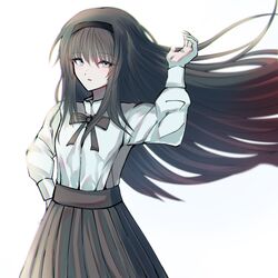  bad_id bad_twitter_id banbon_(banbon_x) black_hair black_hairband black_skirt blue_eyes closed_mouth commentary female hairband hand_on_own_hip highres long_hair long_sleeves looking_at_viewer open_mouth shirt simple_background skirt solo tohno_akiha tsukihime white_background white_shirt 