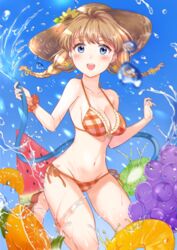  bad_id bad_pixiv_id bikini blue_eyes breasts cleavage female flower food fruit grapes hair_flower hair_ornament hat hose kiwi_(fruit) kiwi_slice light_brown_hair long_hair looking_at_viewer medium_breasts nail_polish navel niwata0 orange_(fruit) original pineapple pineapple_slice smile solo sun_hat sunflower swimsuit water watermelon watermelon_slice 