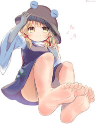  animal_print barefoot blonde_hair blush breasts brown_headwear closed_mouth commentary_request convenient_leg cross-laced_clothes feet female floating foot_focus foreshortening frog_print from_below hand_on_headwear hand_up heart highres knees_up looking_at_viewer medium_hair moriya_suwako purple_skirt purple_vest ramudia_(lamyun) sidelocks simple_background skirt sleeves_past_elbows small_breasts smile soles solo toes touhou turtleneck vest white_background wide_sleeves yellow_eyes 