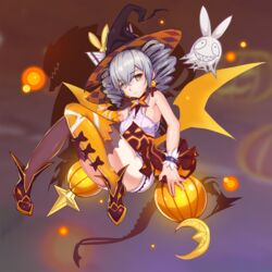  asymmetrical_legwear bare_shoulders bronya_zaychik bronya_zaychik_(snowy_sniper) brown_legwear choudan closed_mouth drill_hair earrings elbow_gloves female ghost gloves grey_eyes grey_hair hair_between_eyes halloween halloween_costume hat highres homu_(honkai_impact) honkai_(series) honkai_impact_3rd jewelry looking_at_viewer mismatched_legwear orange_gloves orange_thighhighs project_bunny single_elbow_glove solo thighhighs twin_drills witch witch_hat 